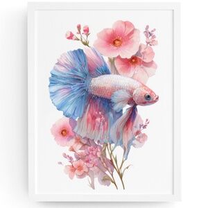 Watercolor Betta Fish with Flowers Wall Art Print Unframed - Enchanting Aquatic